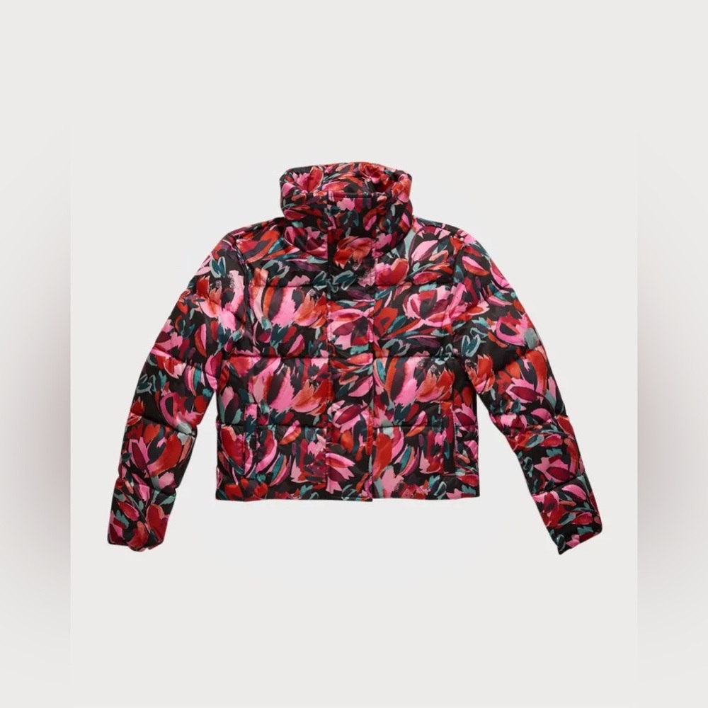 Milly Minis Floral-Print Cropped Puffer Jacket in Pink Multi Size 10